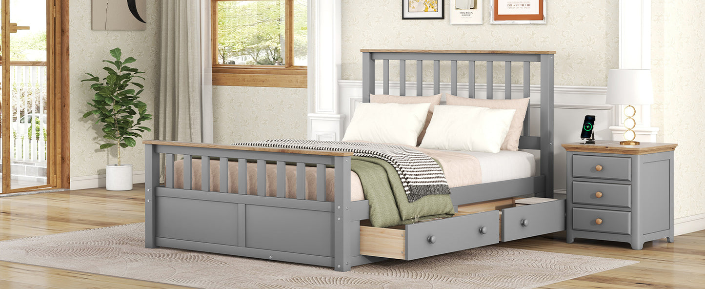 Full Size Wood Platform Bed with Two Drawers and Wooden Slat Support,Gray+Natrual