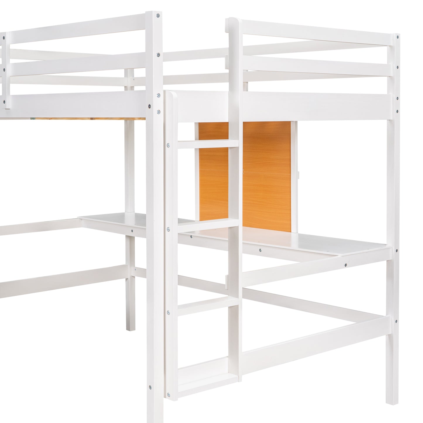 Full size Loft Bed with Desk and Writing Board, Wooden Loft Bed with Desk & 2 Drawers Cabinet- White