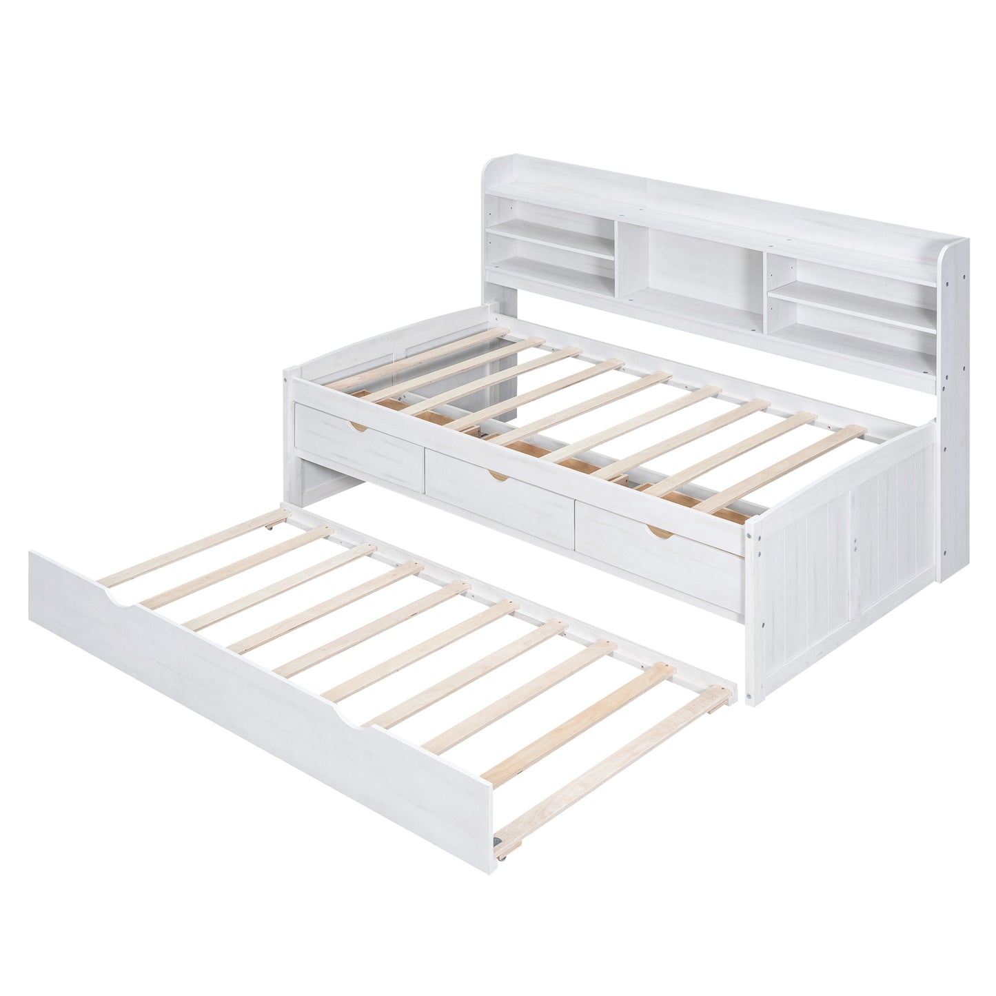 Twin Size Wooden Captain Platform Bed with Built-in Bookshelves, 3 Storage Drawers and Trundle, White Wash