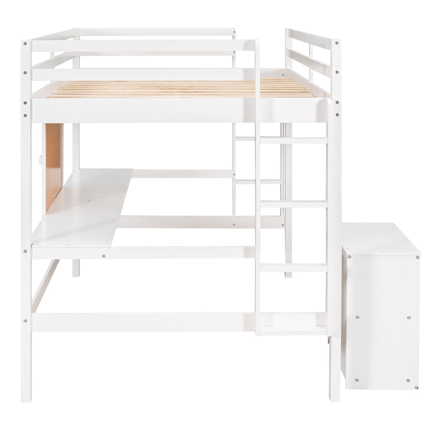 Twin size Loft Bed with Desk and Writing Board, Wooden Loft Bed with Desk & 2 Drawers Cabinet- White