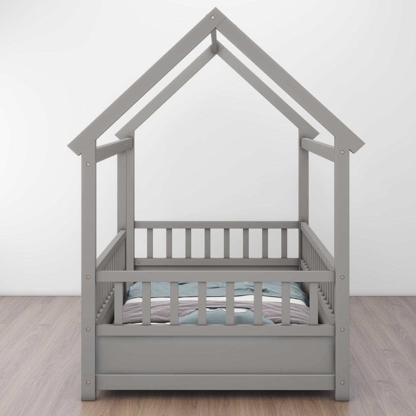 Twin Size Floor Platform Wooden Bed with House Roof Frame, Fence Guardrails,Grey