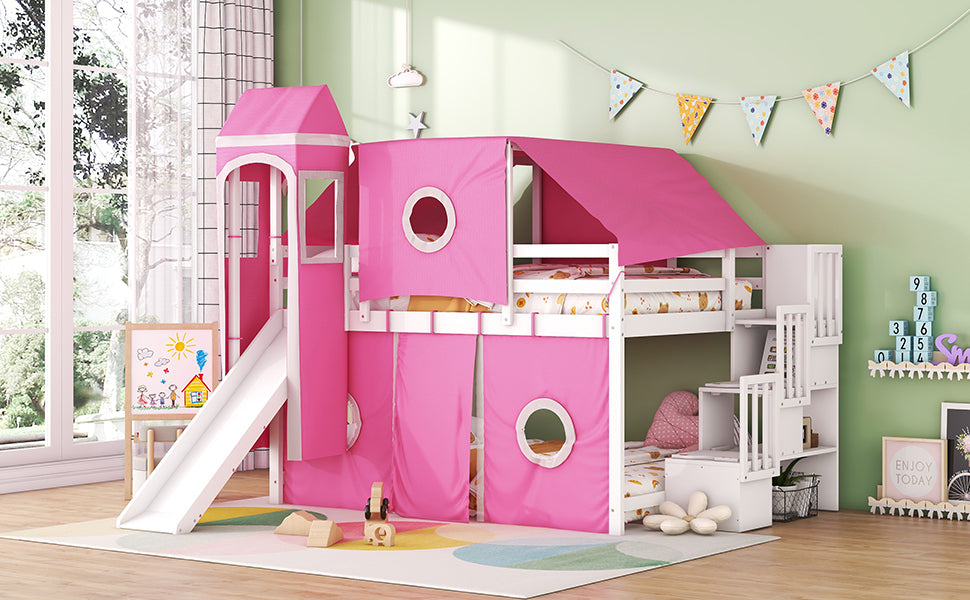 Full Size Loft Bed with Tent and Tower - Pink