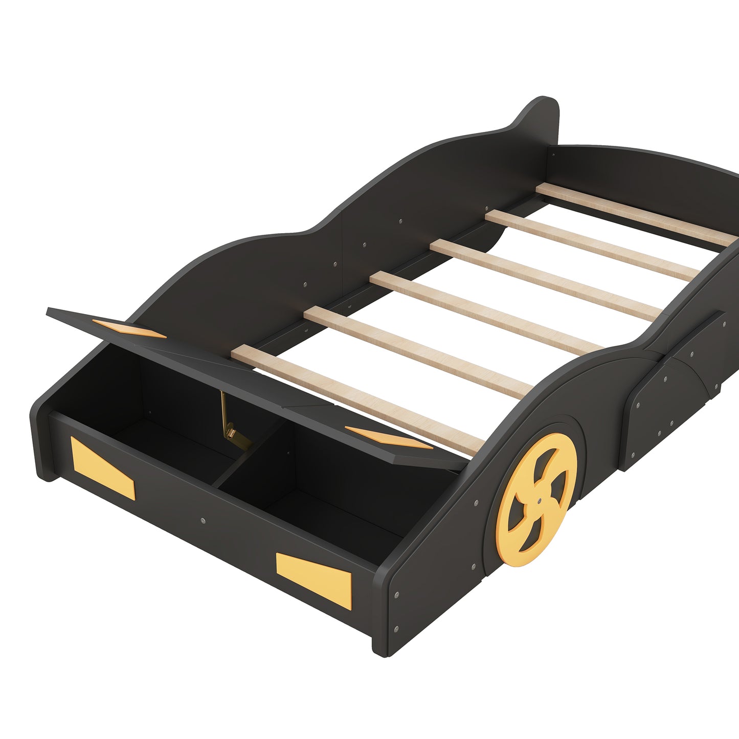 Twin Size Race Car-Shaped Platform Bed with Wheels and Storage, Black+Yellow