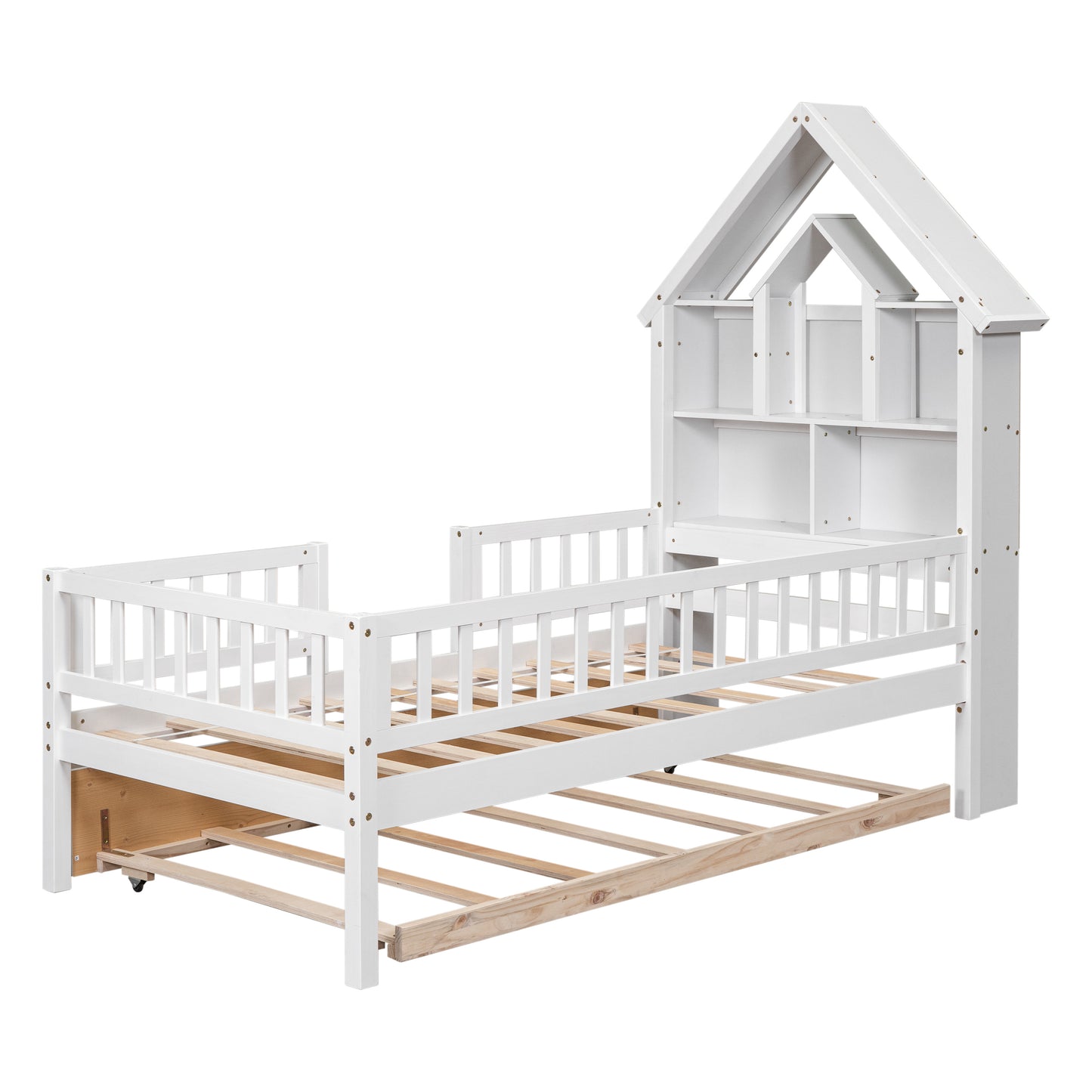 Twin Size Platform Bed House-Shaped Headboard with Fence Guardrails and Trundle, White