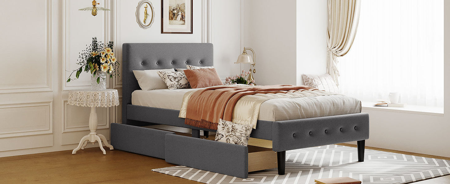 Twin Size Upholstered Platform Bed with 2 Drawers, Gray