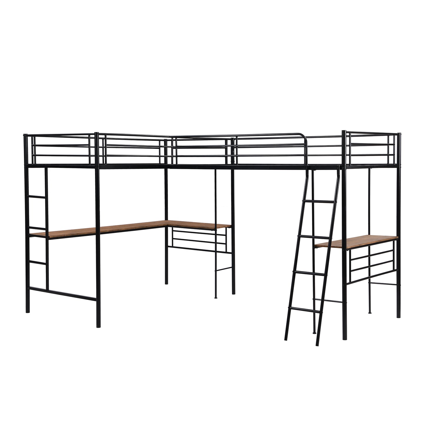 Twin Size Metal Loft Bed with Two Built-in Desks,Black
