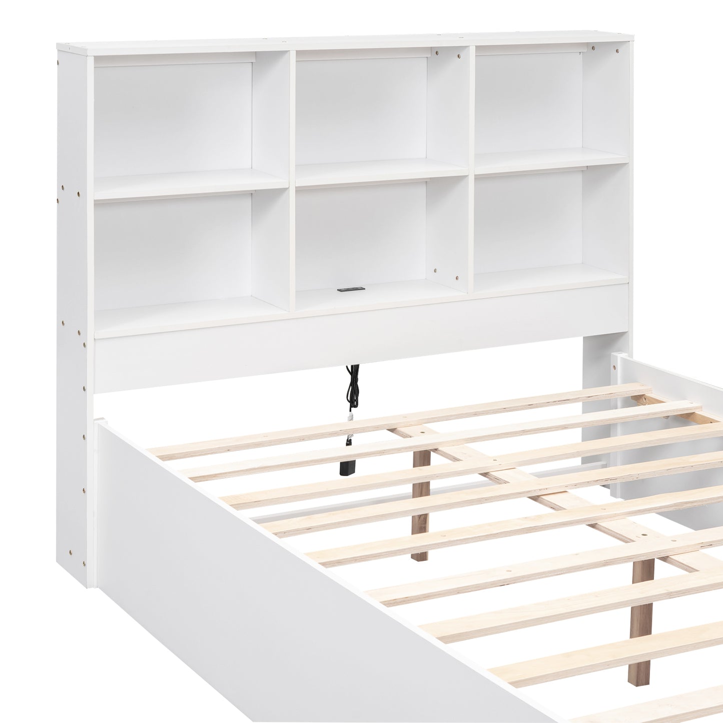 Full Size Platform Bed with Storage Headboard, Charging Station and 2 Drawers, White