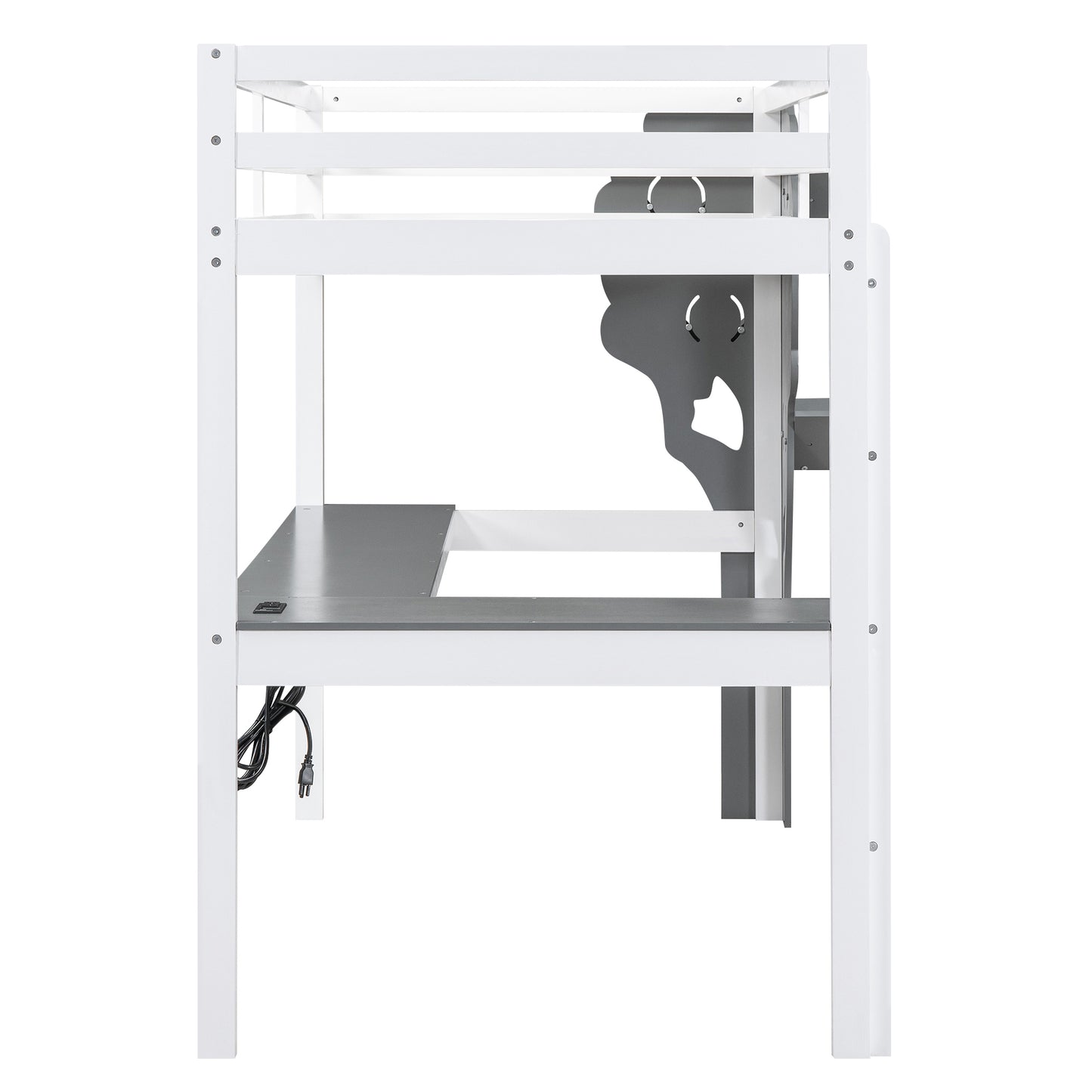 Twin Size Loft Bed with L-shaped Desk,Tree Shape Bookcase and Charging Station, White+Gray