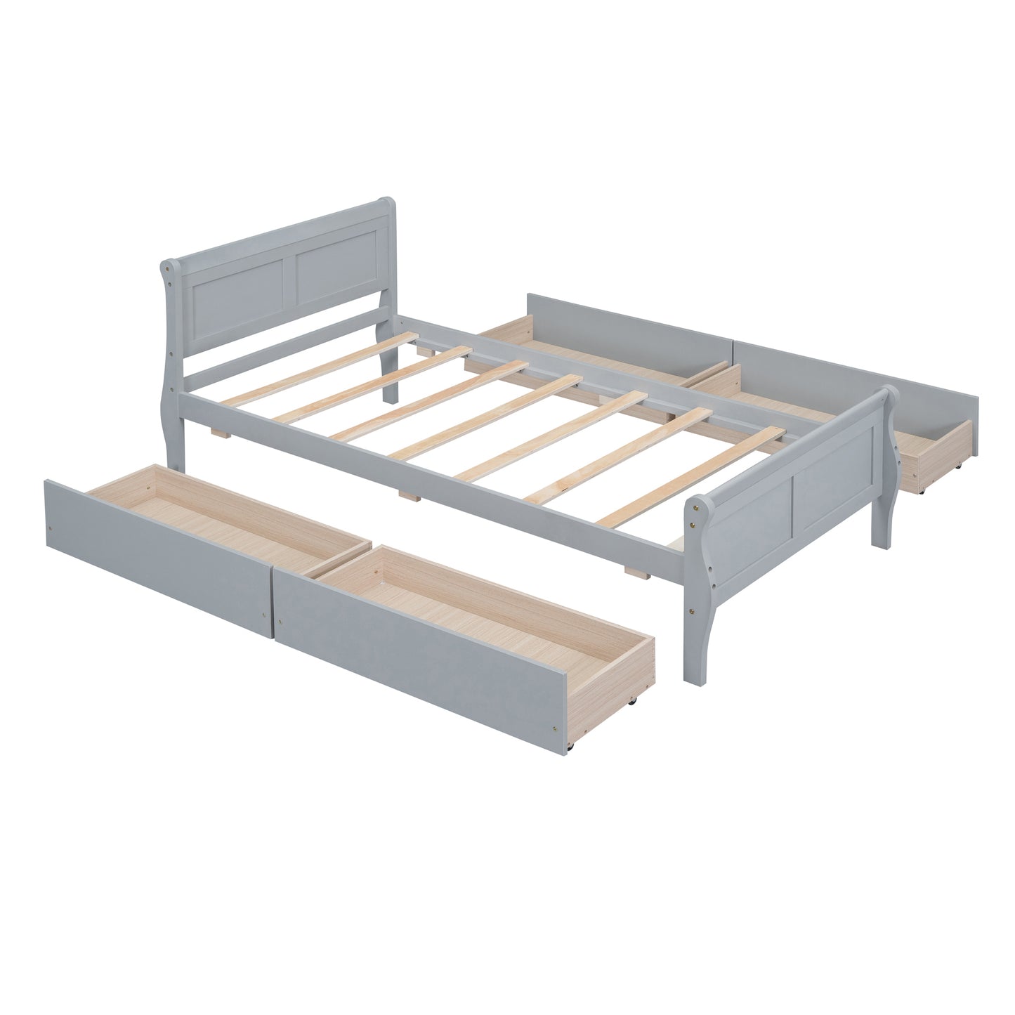Twin Size Wood Platform Bed with 4 Drawers and Streamlined Headboard & Footboard, Gray