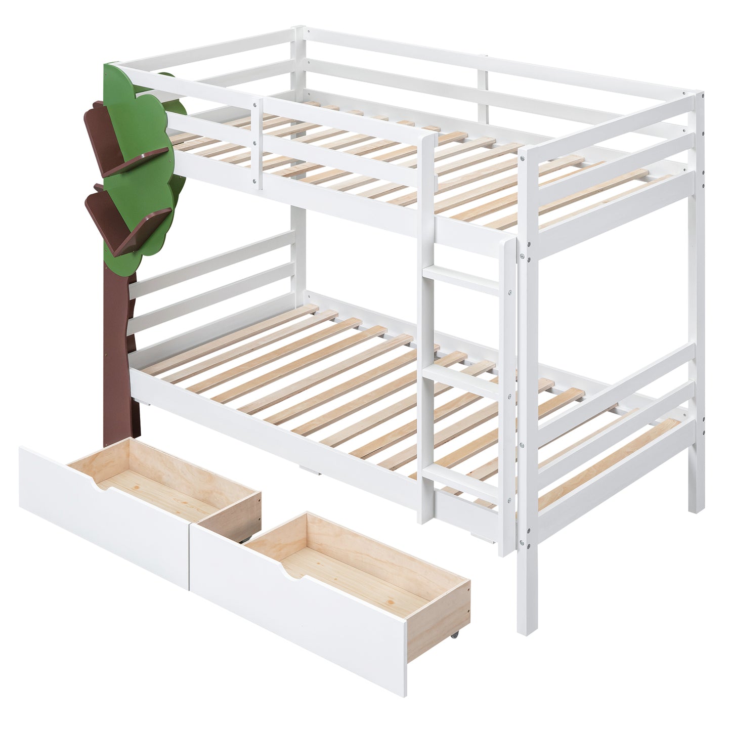Twin-Over-Twin Bunk Bed with  a Tree Decor and Two Storage Drawers, White