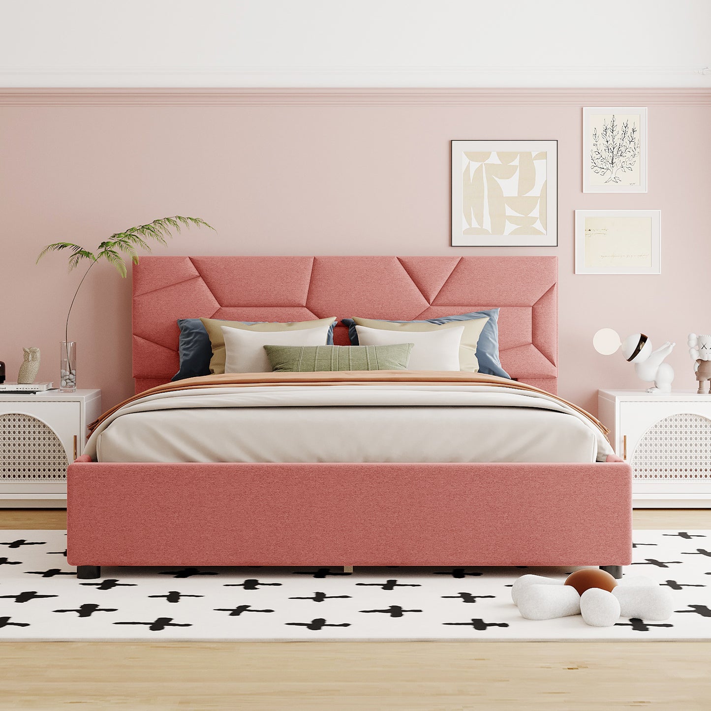 Queen Size Upholstered Platform Bed with Brick Pattern Headboard and 4 Drawers, Linen Fabric, Pink