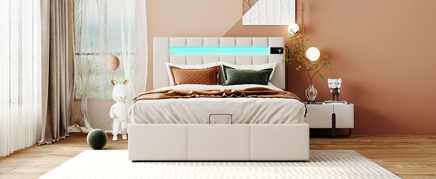 Full Size Upholstered Platform Bed with LED light, Bluetooth Player and USB Charging, Hydraulic Storage Bed in Beige Velvet Fabric