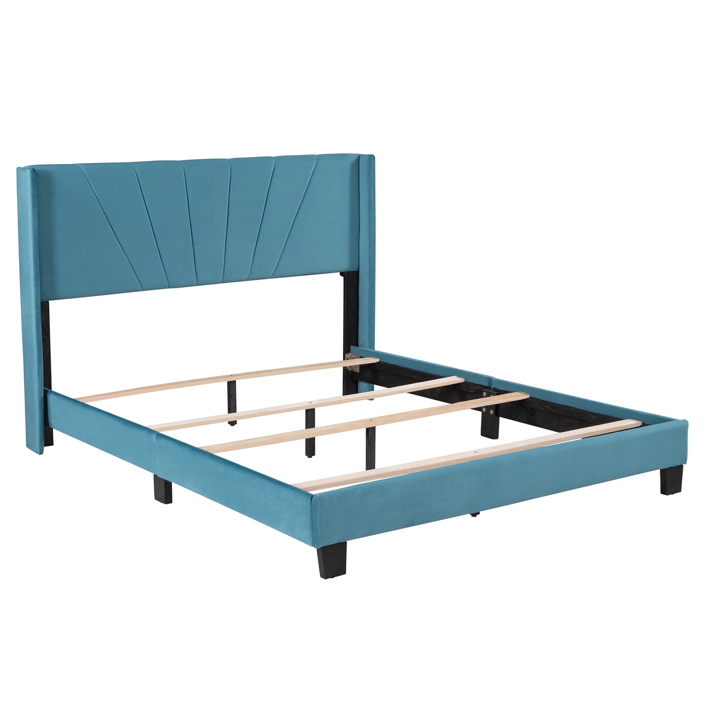 Queen Size Velvet Upholstered Platform Bed, Box Spring Needed - Blue