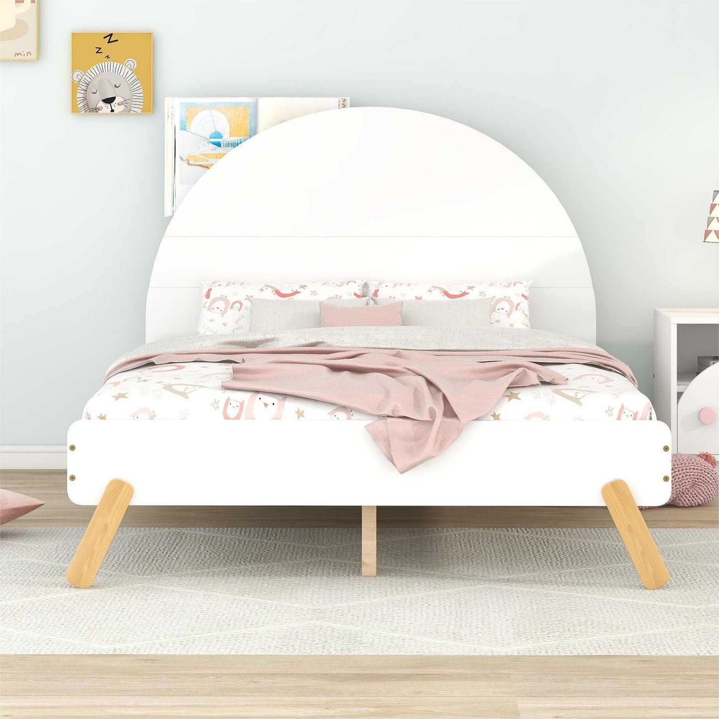 Wooden Cute Platform Bed With Curved Headboard ,Full Size Bed With Shelf Behind Headboard,White