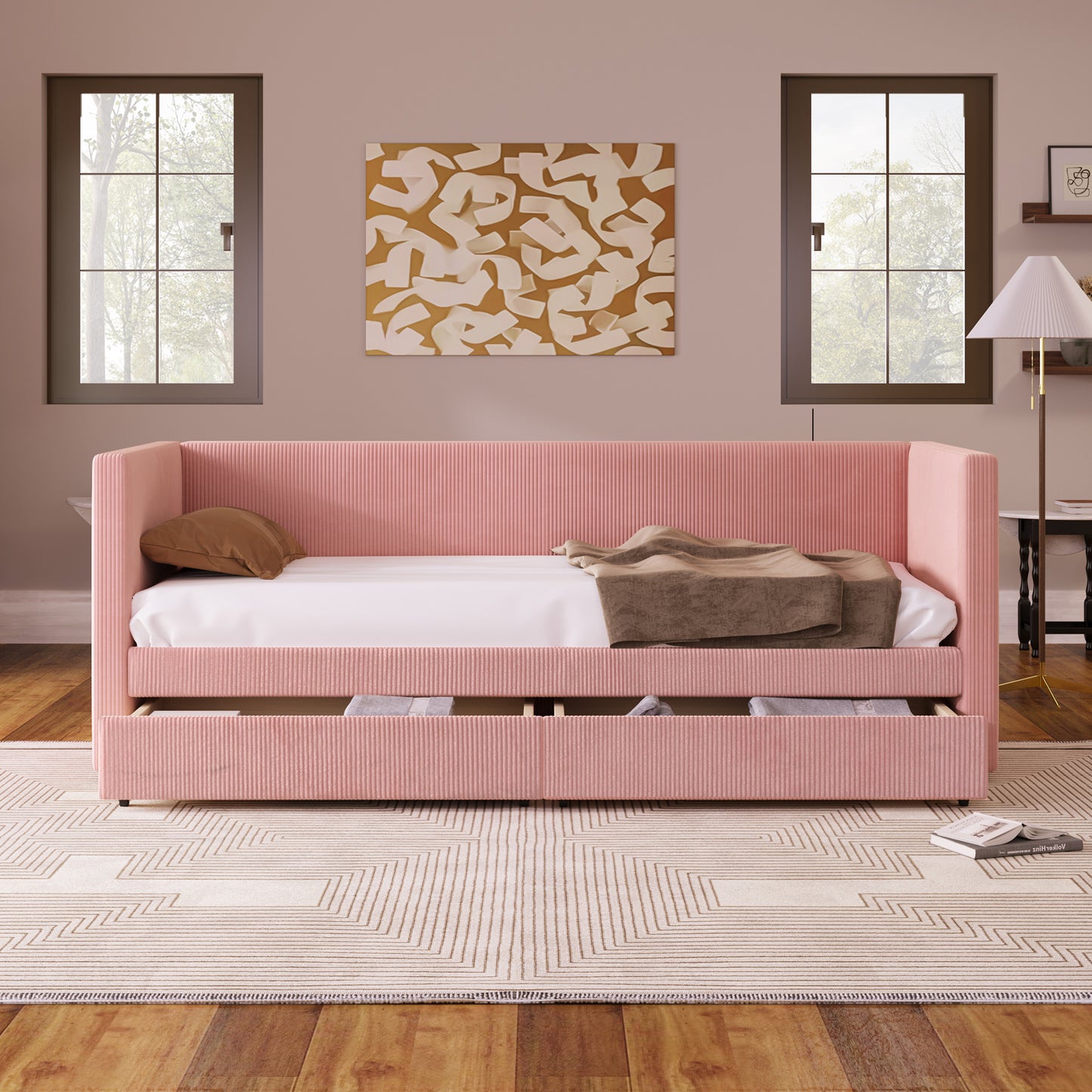 Twin Size Corduroy Daybed with Two Drawers and Wood Slat, Pink