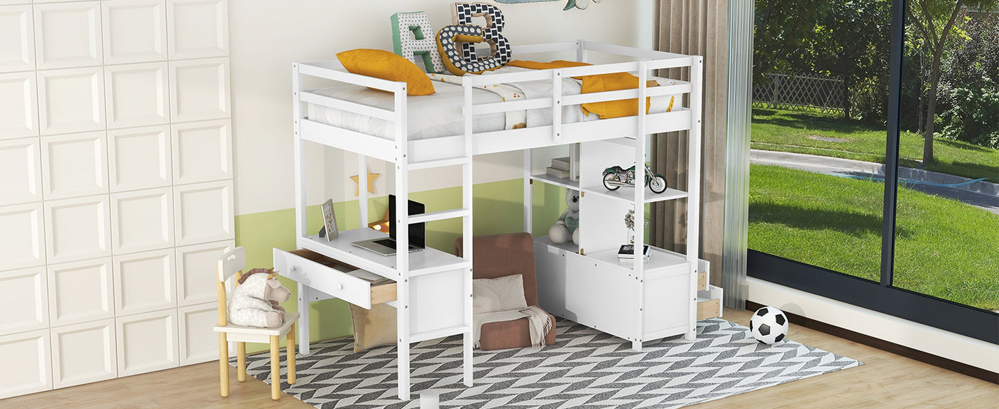 Twin  Size Loft Bed with Built-in Desk with Two Drawers, and Storage Shelves and Drawers,White