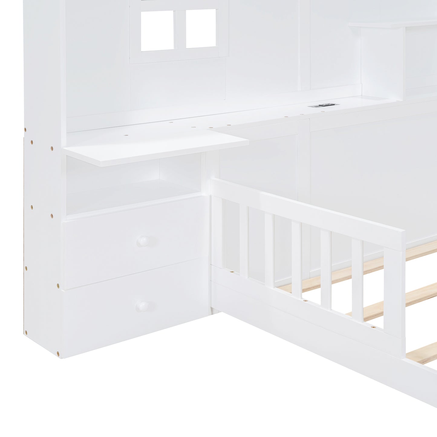 Full Size House Bed with Window and Bedside Drawers, Platform Bed with Shelves and a set of Sockets and USB Port, White