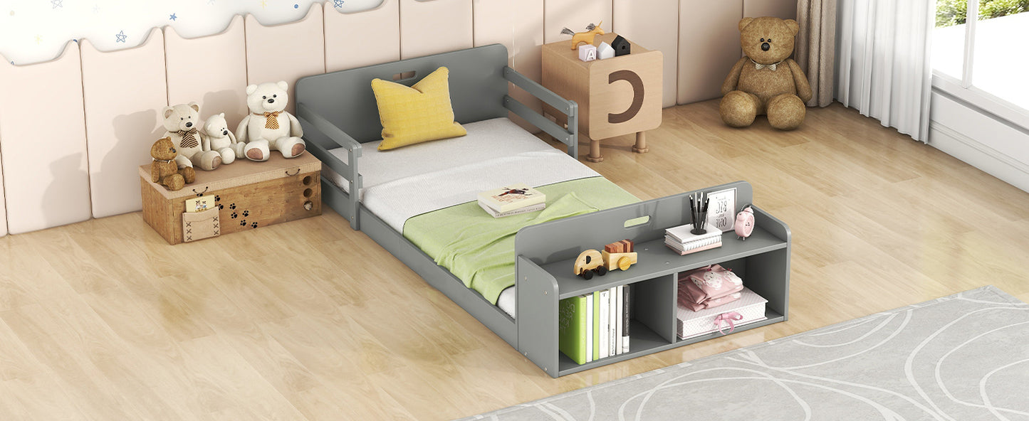 Twin Size Floor Platform Bed with Storage Footboard and Guardrail, Grey