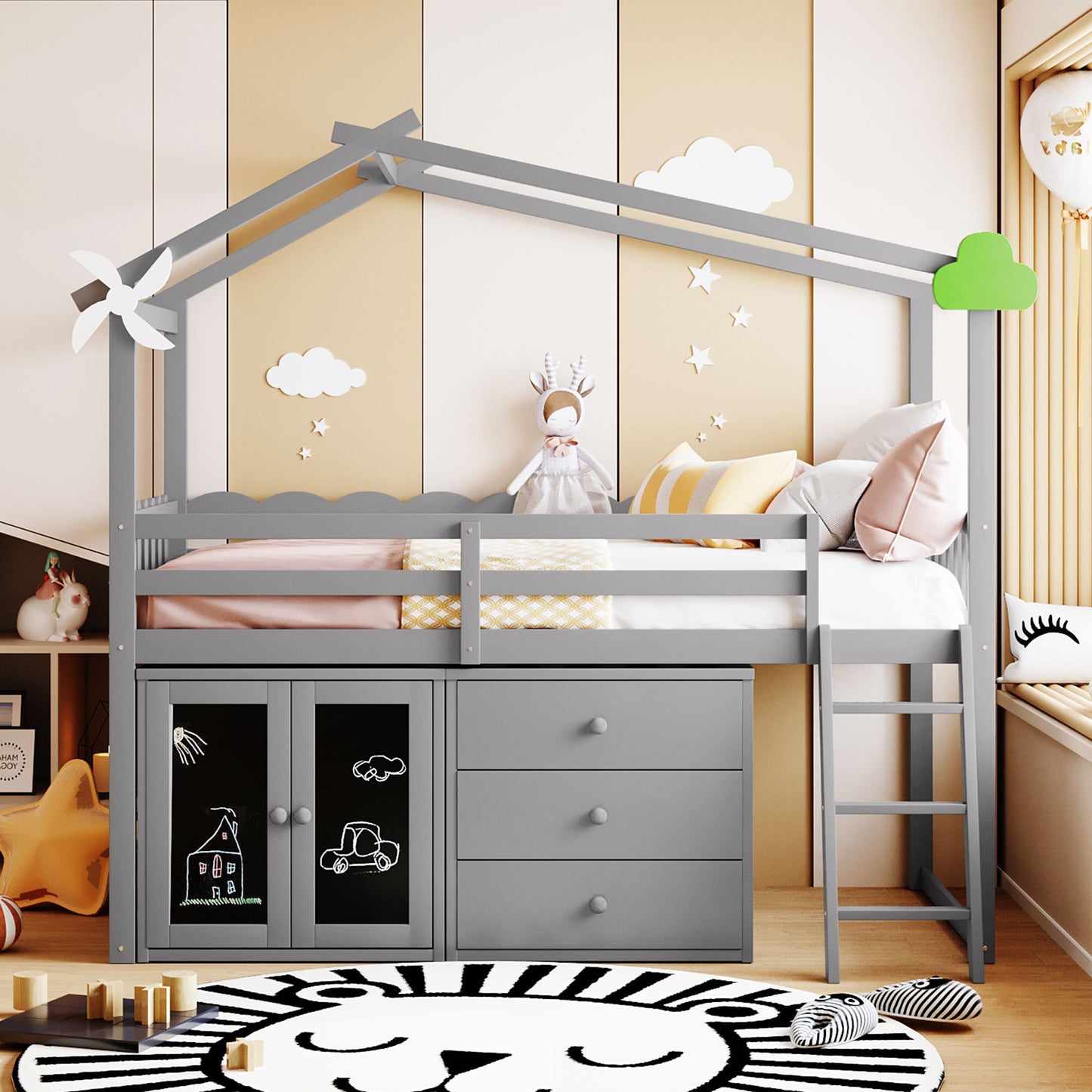Twin Size House Loft Bed With Cabinet and Drawers, Gray