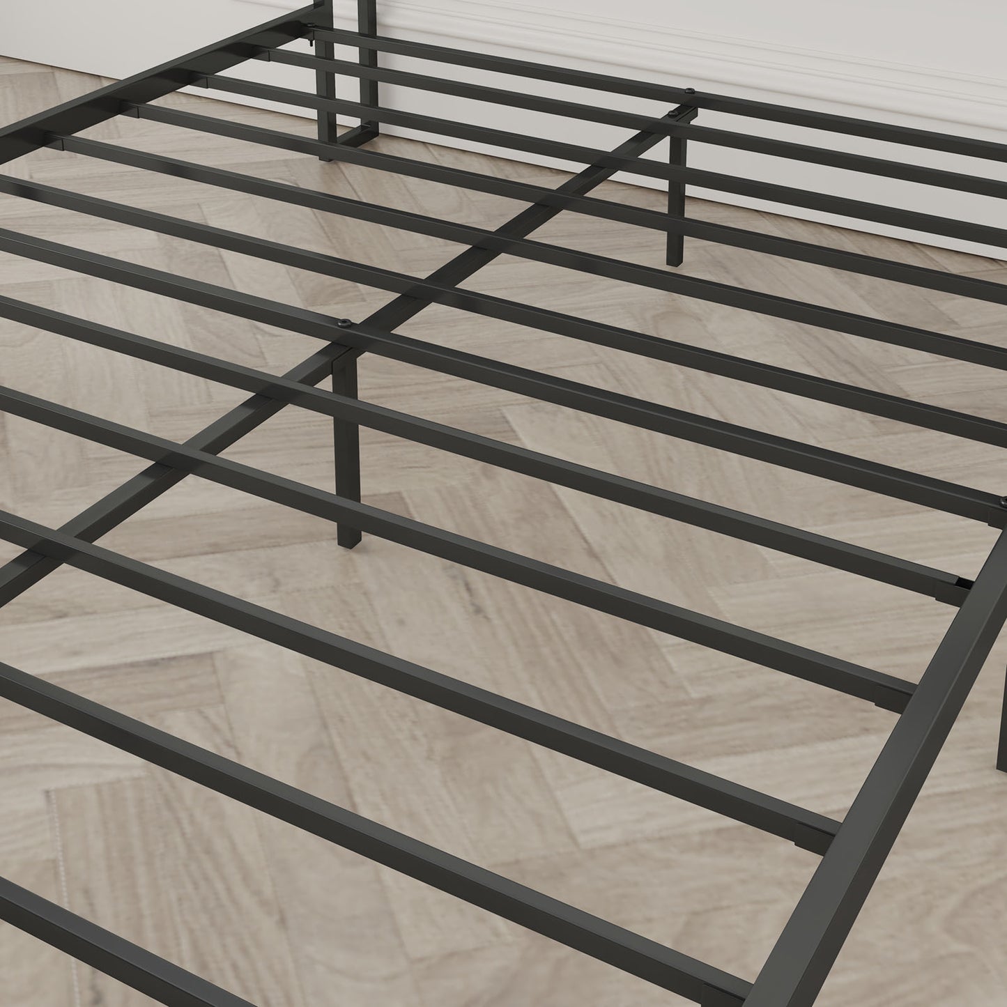 Full Bed Frame with Charging Station, Metal Platform, Dark Grey