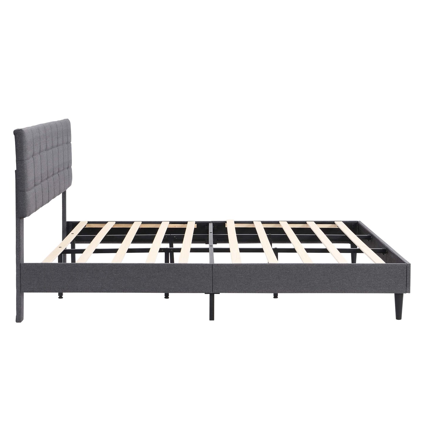King Size Platform Bed Frame with Fabric Upholstered Headboard and Wooden Slats, No Box Spring Needed/Easy Assembly, Dark Grey