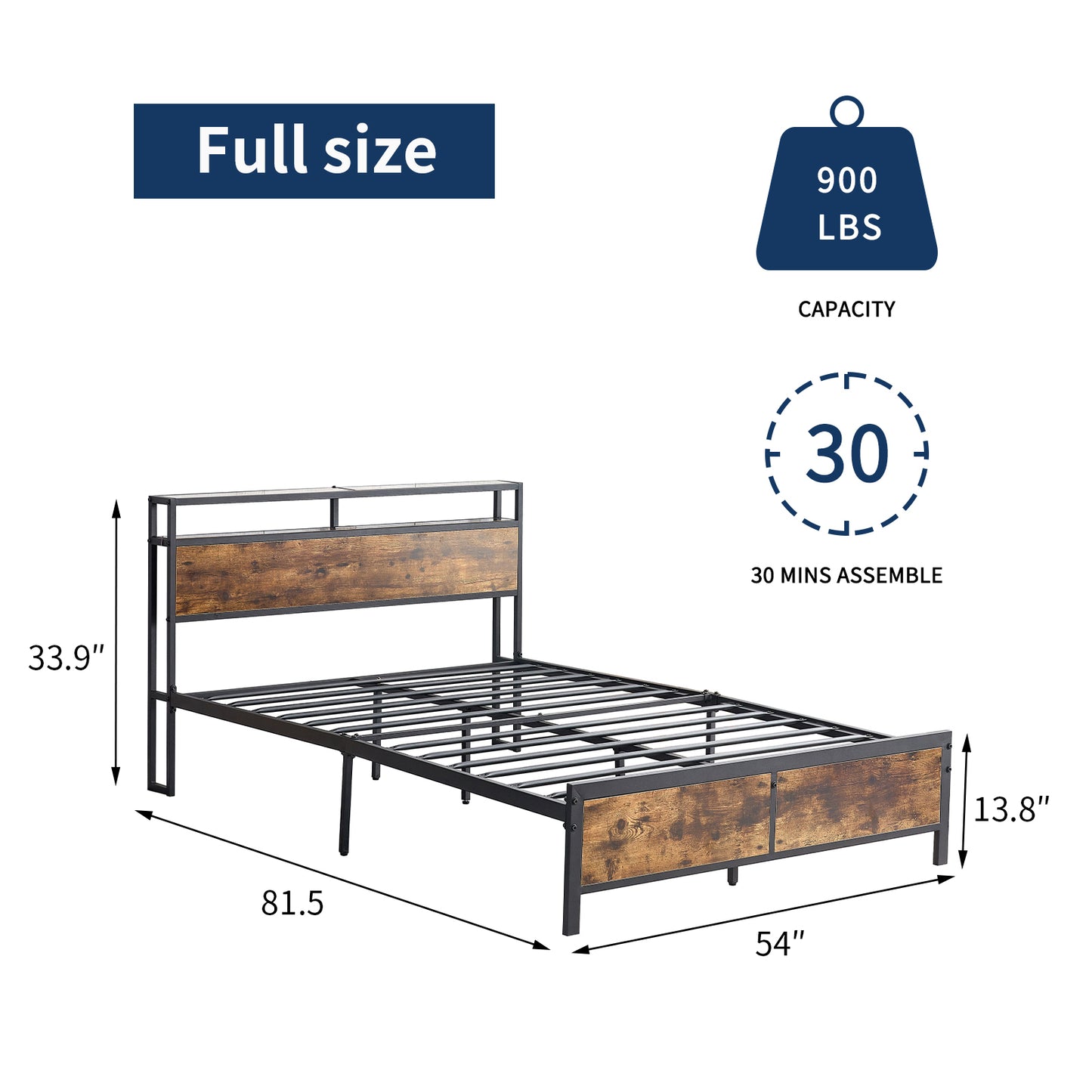 Industrial Full Size Storage Platform Bed with LED Lights and 2 USB Ports, Rustic Brown