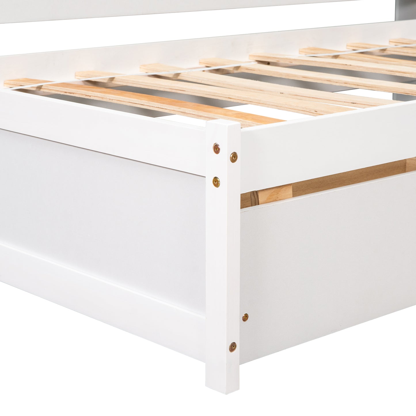 Twin Platform Bed with L-shaped Bookcases, Drawers, White