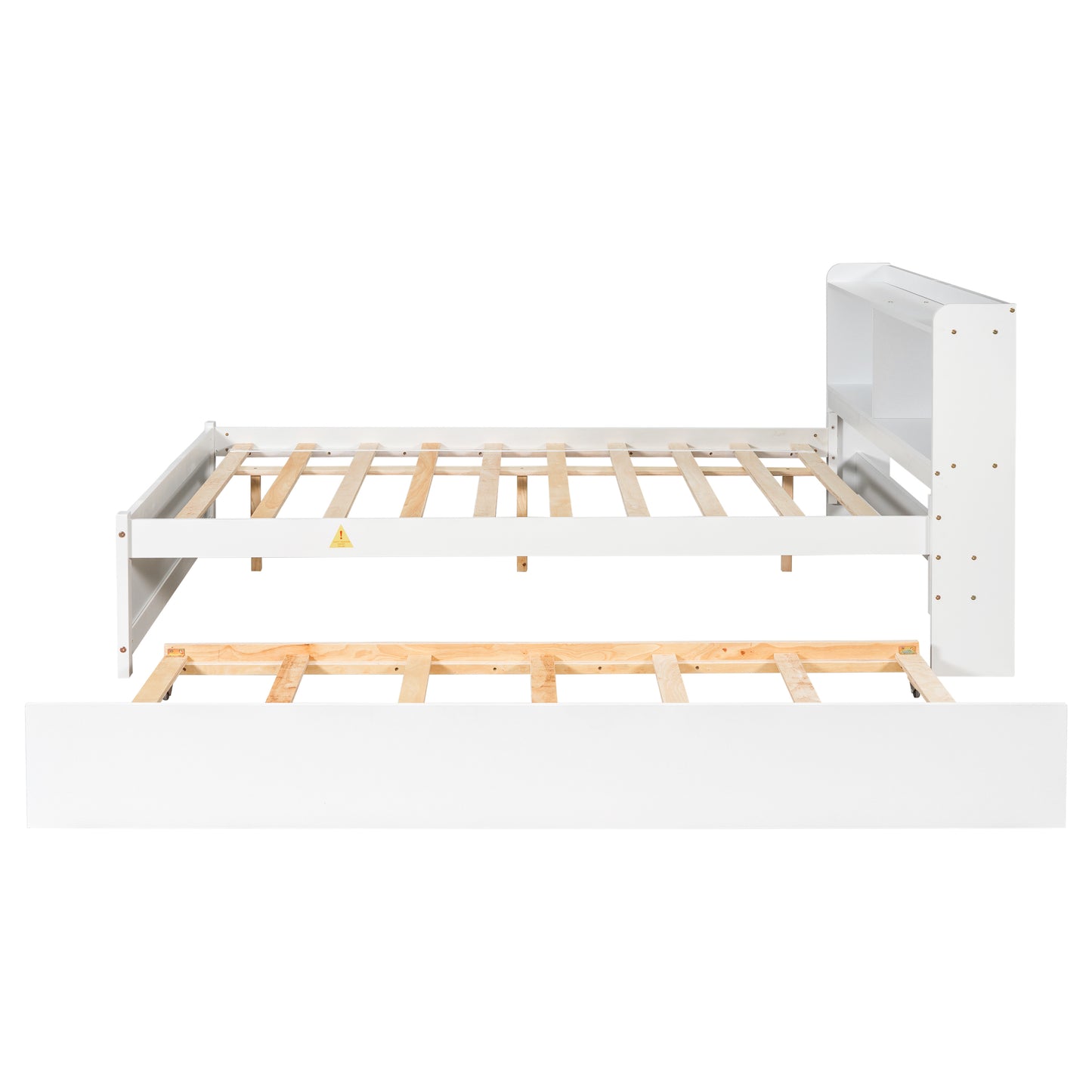 Full Platform Bed with Trundle, Bookcase, White