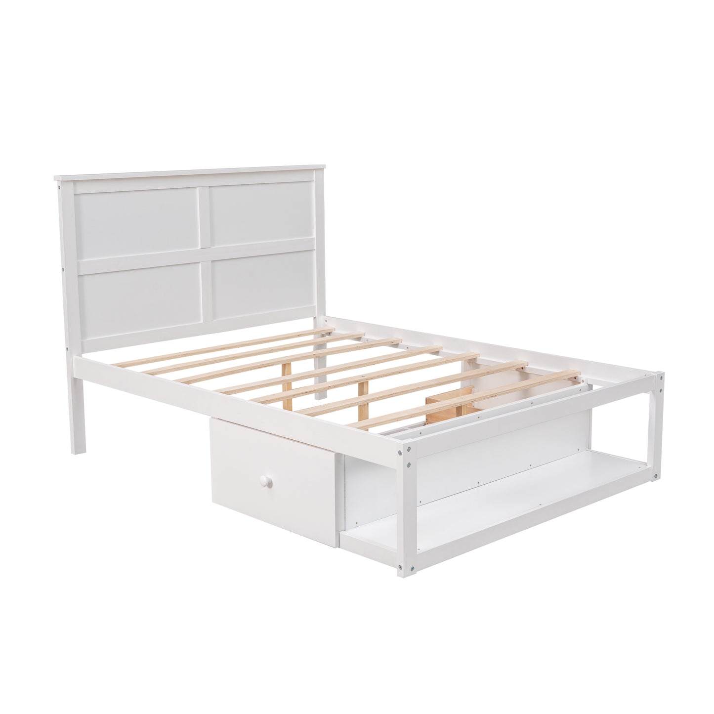 Full Size Platform Bed with Drawer on the Each Side and Shelf on the End of the Bed, White