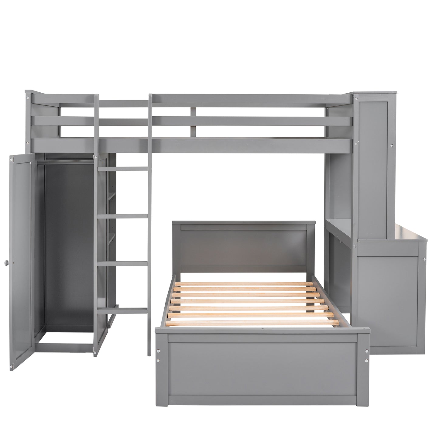 Twin size Loft Bed with a Stand-alone bed, Shelves,Desk,and Wardrobe-Gray
