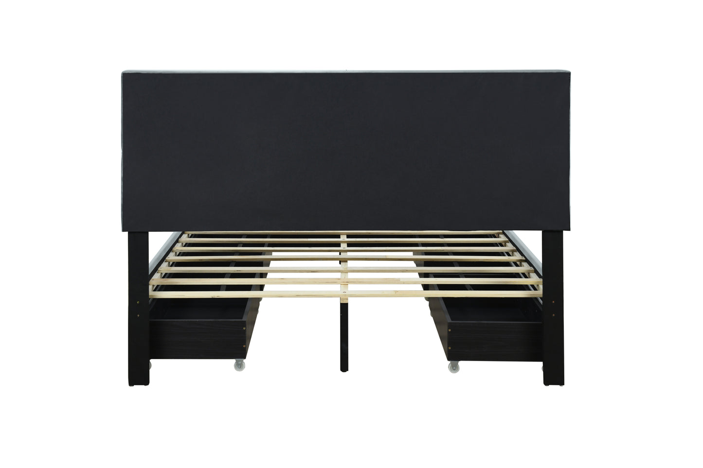 Queen Size Upholstered Platform Bed with Rivet-decorated Headboard, LED bed frame and 4 Drawers, Gray