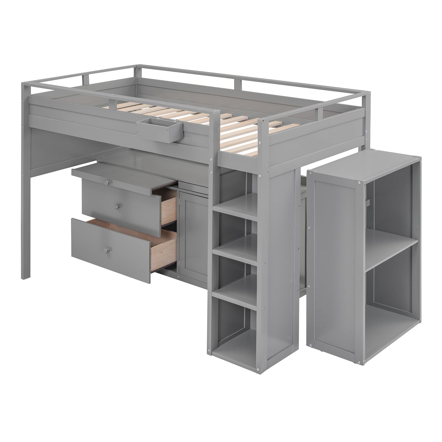 Twin Loft Bed with Rolling Cabinet and Desk - Gray