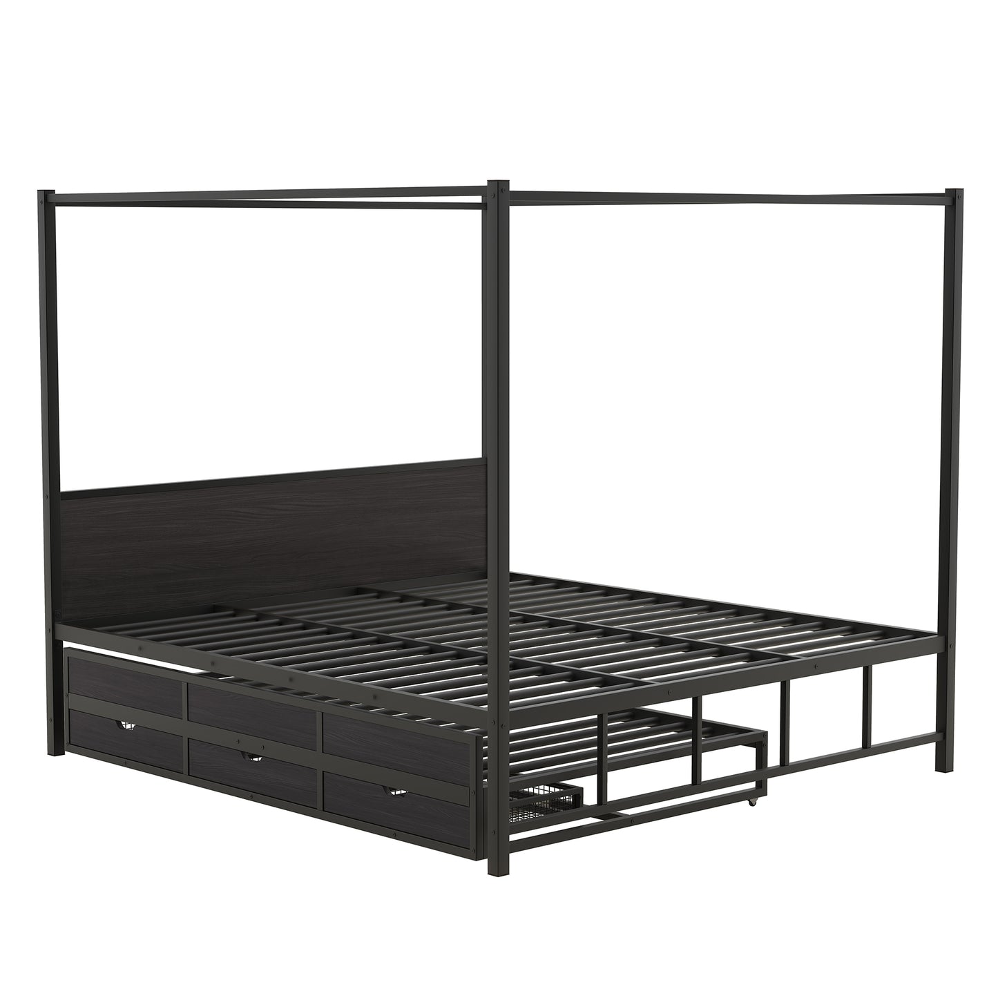 Queen Size Metal Canopy Platform Bed with Twin Size Trundle and 3 Storage Drawers, Black
