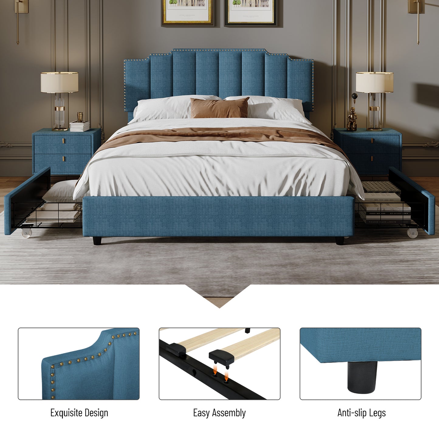 Queen Size Upholstered Platform Bed Linen Bed Frame with 2 Drawers Stitched Padded Headboard with Rivets Design Strong Bed Slats System No Box Spring Needed Blue