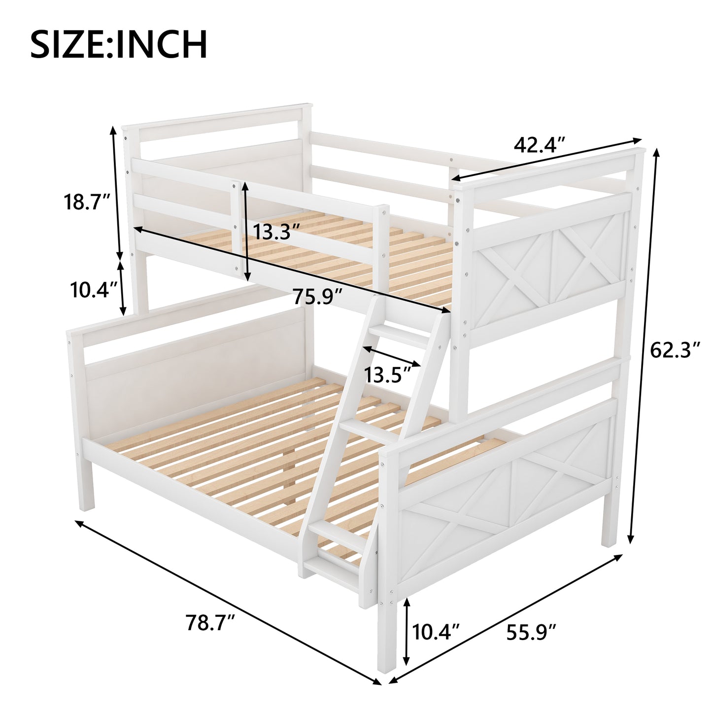 Twin over Full Bunk Bed with ladder, Safety Guardrail, Perfect for Bedroom, White