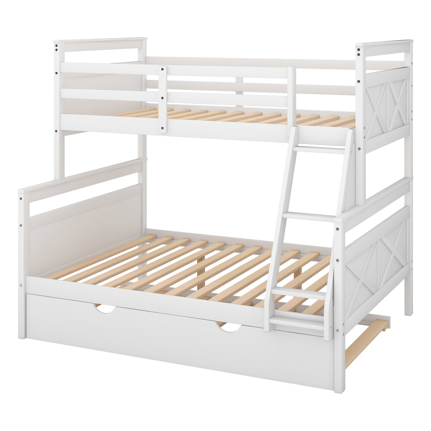 Twin over Full Bunk Bed with Ladder, Twin Size Trundle, Safety Guardrail, White