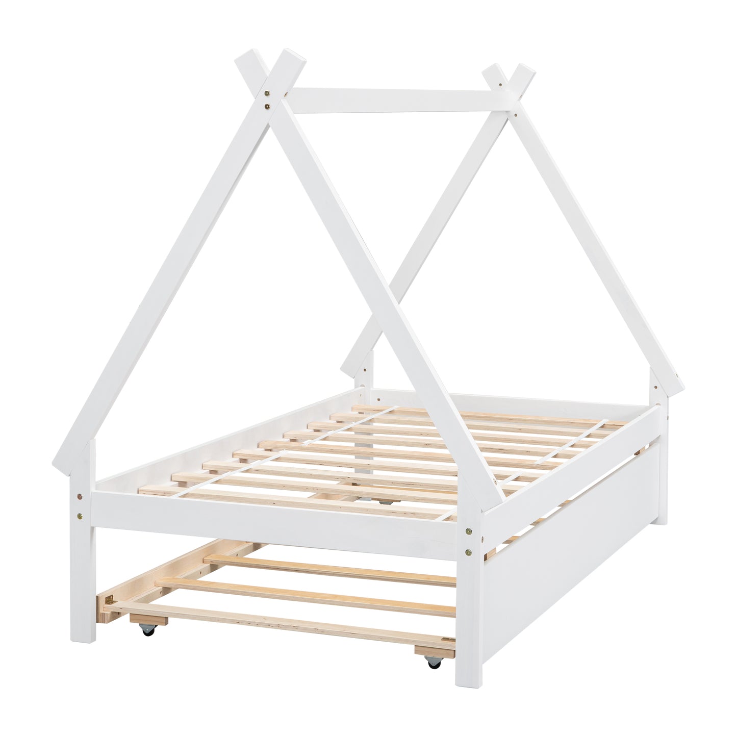 Twin size Tent Floor Platform Bed, Teepee Bed, with Trundle,White