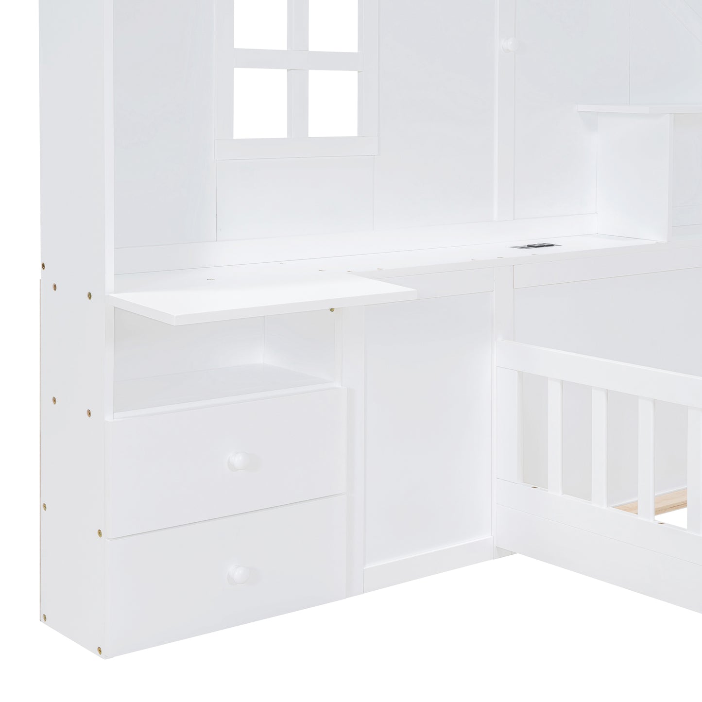 Twin Size House Bed with Window and Bedside Drawers, Platform Bed with Shelves and a set of Sockets and USB Port, White