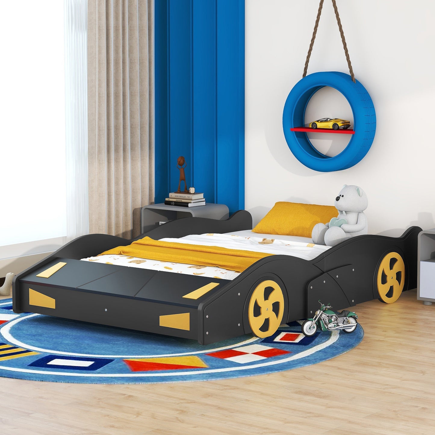 Full Size Race Car-Shaped Platform Bed with Wheels and Storage, Black+Yellow