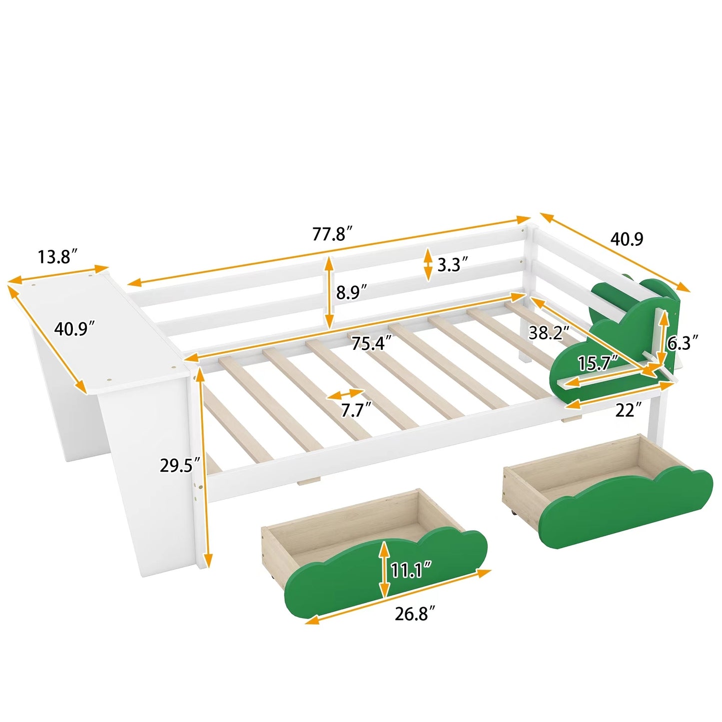Twin Size Daybed with Desk, Green Leaf Shape Drawers and Shelves, White