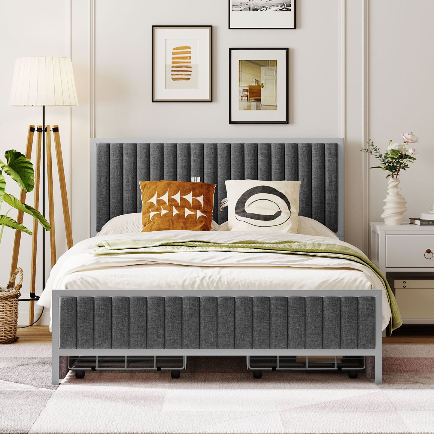 Full Size Upholstered Platform Bed with 4 Drawers, Linen Fabric, Gray