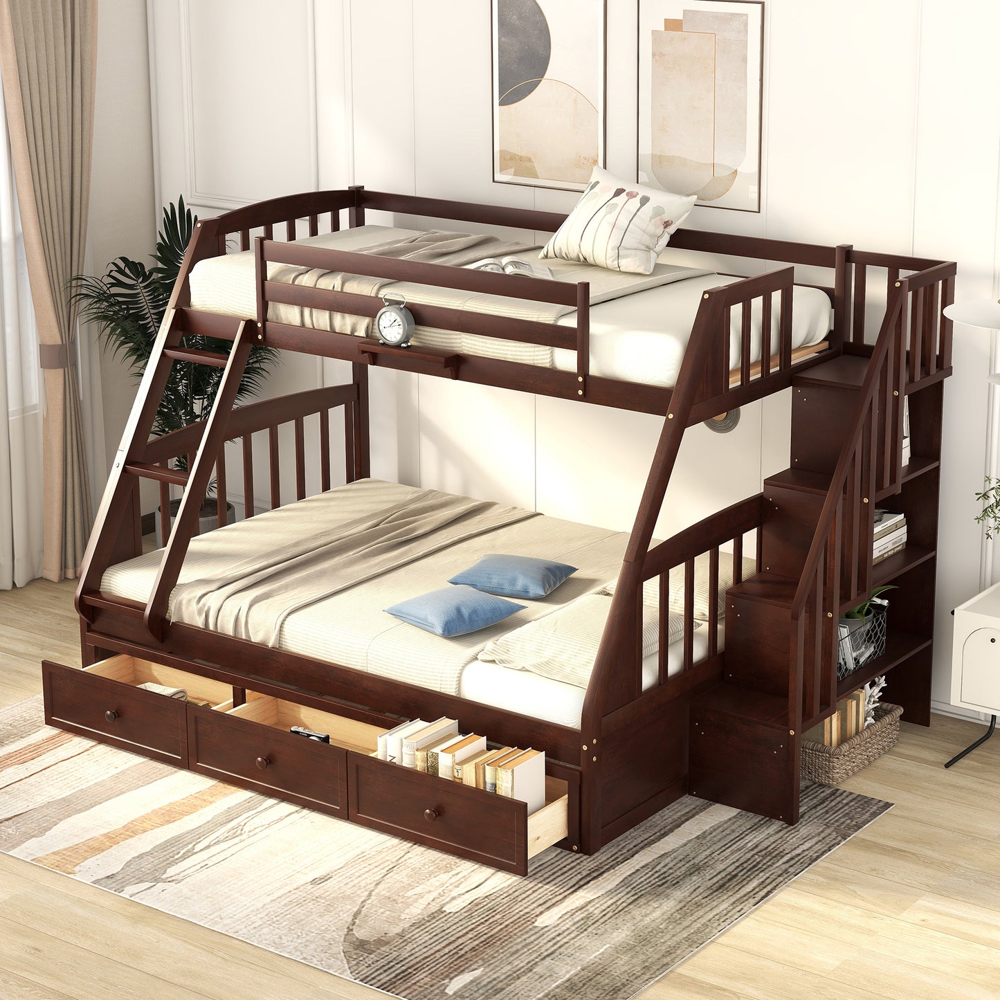 Twin-Over-Full Bunk Bed with Drawers，Ladder and Storage Staircase, Espresso