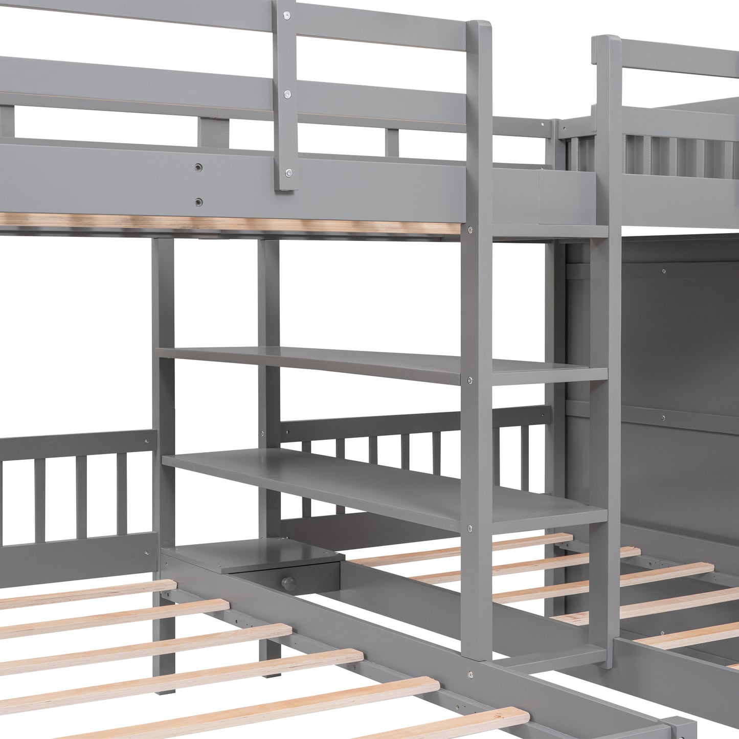 Full-Over-Twin-Twin Bunk Bed with Shelves, Wardrobe and Mirror, Gray