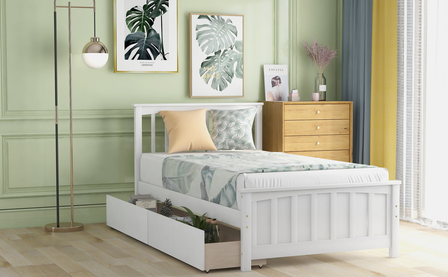 Twin size Platform Bed with Two Drawers, White