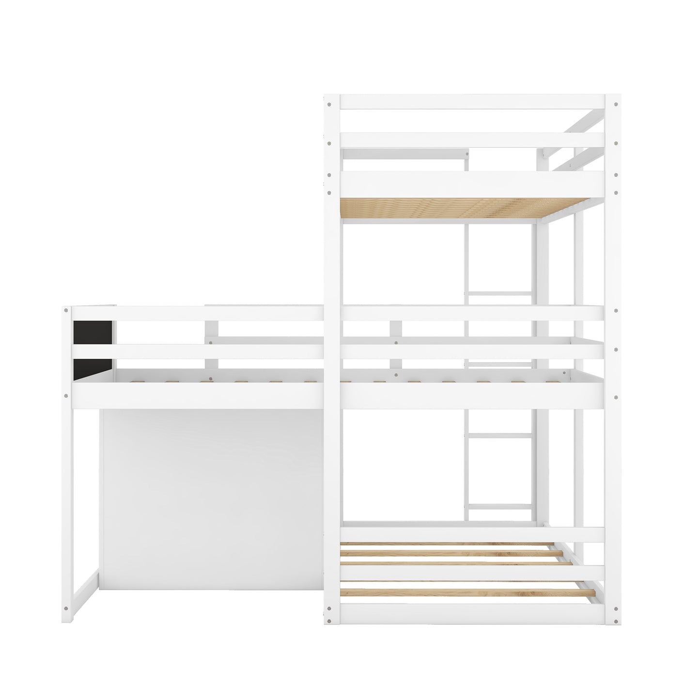 L-shaped Wood Triple Twin Size Bunk Bed with Storage Cabinet and Blackboard, Ladder, White
