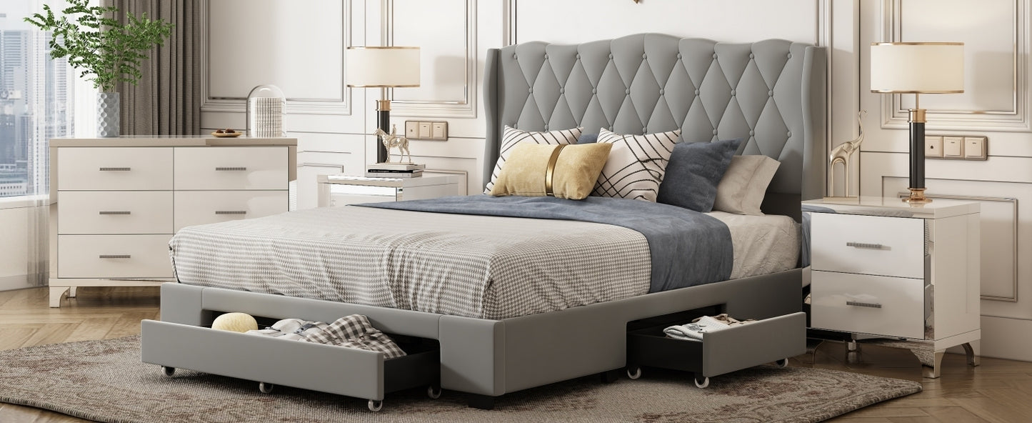 Upholstered Platform Bed with Tufted Headboard and 3 Drawers, No Box Spring Needed, Velvet Fabric, Queen Size Gray