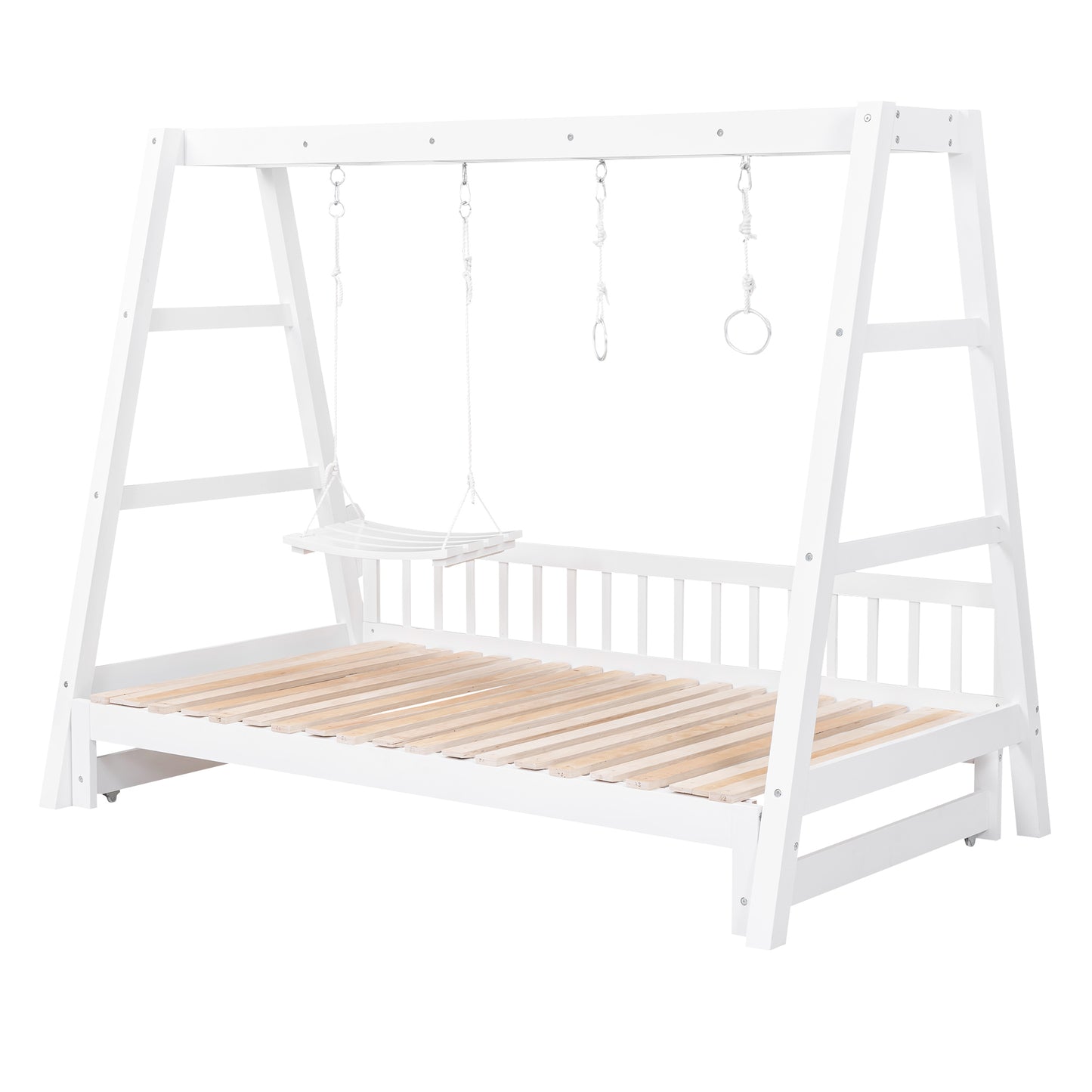 Extendable Twin Daybed with Swing and Ring Handles, White(Twin bed can be pulled out to be King)