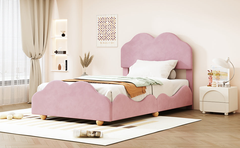 Twin Size Upholstered Platform Bed with Cloud Shaped bed board, Light Pink