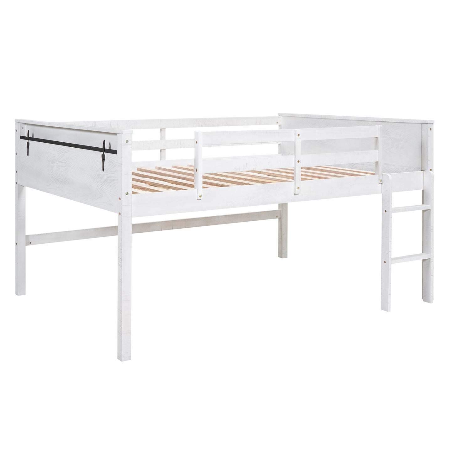 Wood Full Size Loft Bed with Hanging Clothes Racks, White