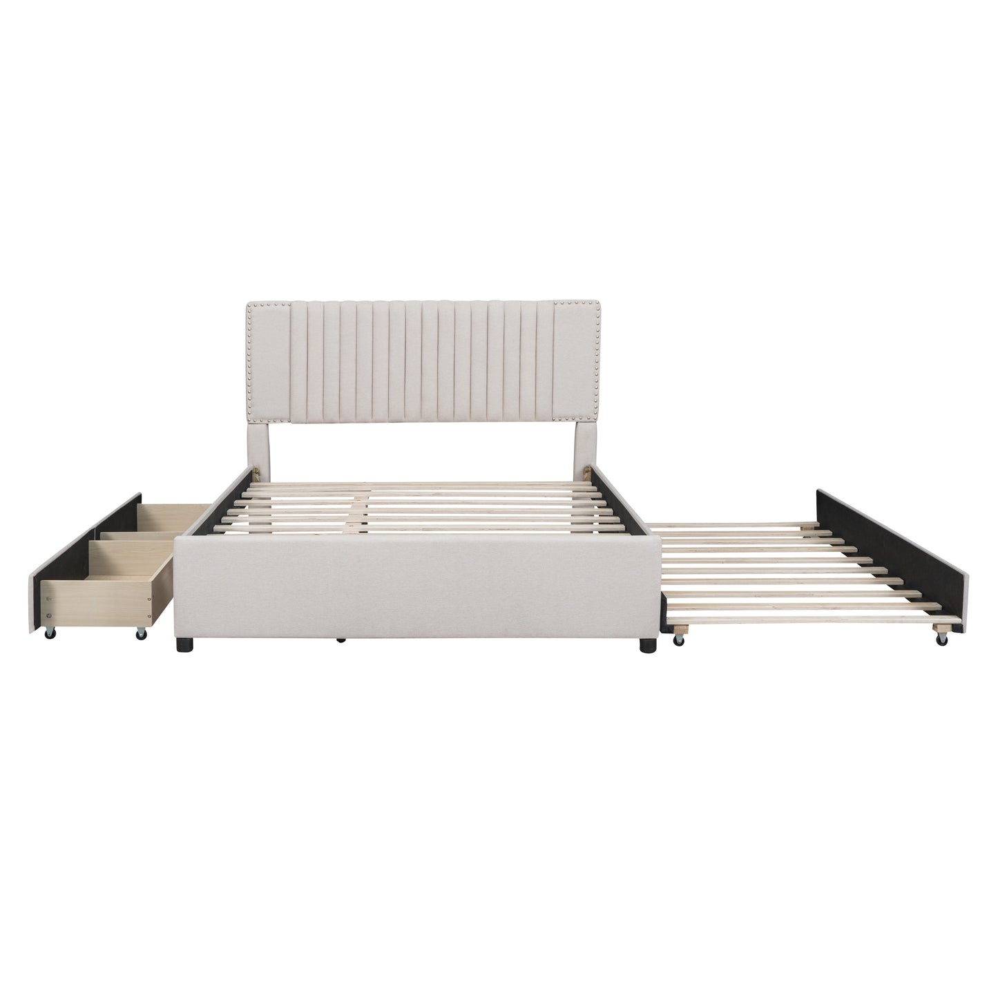 Queen Size Upholstered Platform Bed with 2 Drawers and 1 Twin XL Trundle, Classic Headboard Design, Beige